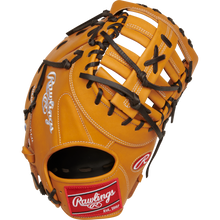 The Rawlings Heart of the Hide 13" First Base Mitt (RPROTDCTT) is tan with black laces, white stitching, and features the iconic red and white Rawlings logo patch on the wrist strap.