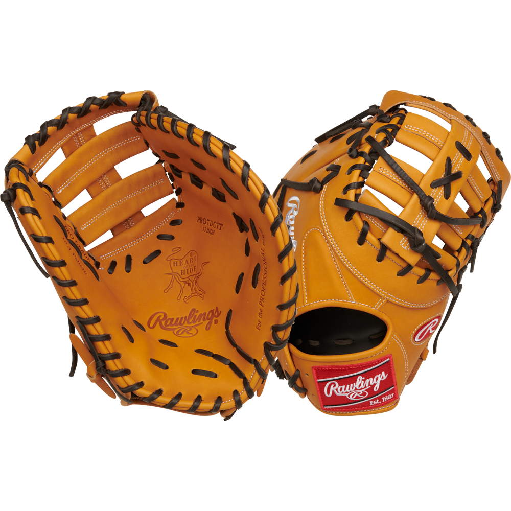 Two Rawlings Heart of the Hide 13" First Base Mitts (RPROTDCTT) are shown side by side in tan leather with black lacing, one displaying the palm and the other the back, featuring visible Rawlings branding and red logo patches.