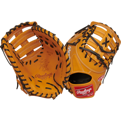 Two Rawlings Heart of the Hide 13" First Base Mitts (RPROTDCTT) are shown side by side in tan leather with black lacing, one displaying the palm and the other the back, featuring visible Rawlings branding and red logo patches.