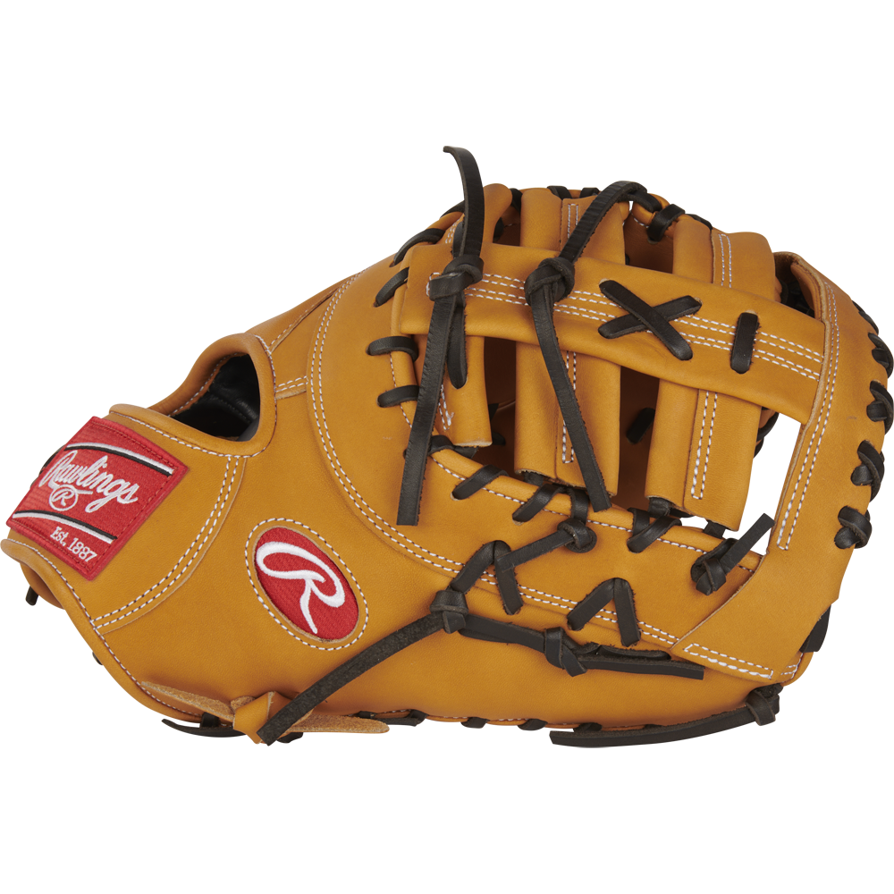 The Rawlings Heart of the Hide 13" First Base Mitt (RPROTDCTT) features tan leather, black laces, white stitching, and a red Rawlings logo patch on the wrist, displayed against a white background.