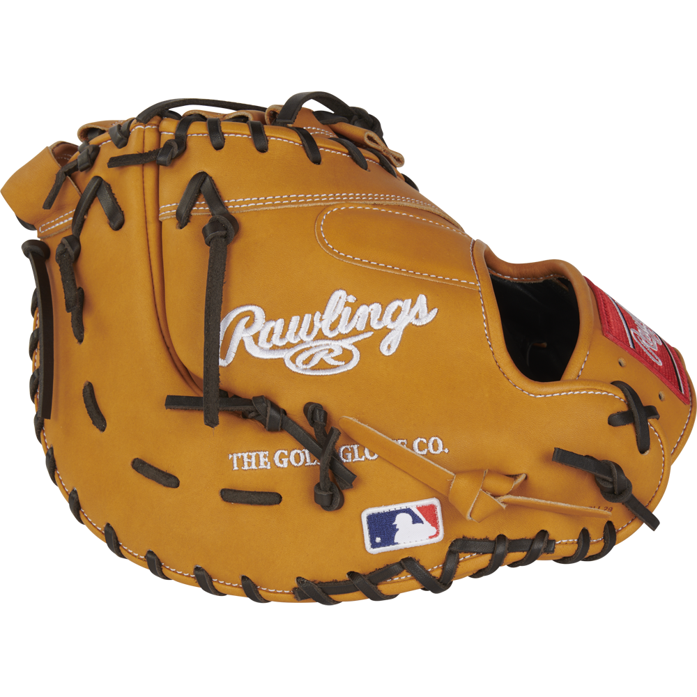The Rawlings Heart of the Hide 13" First Base Mitt (RPROTDCTT) is a tan glove with black laces, featuring the Rawlings logo, The Gold Glove Co. text, and an MLB patch on the lower mitt.