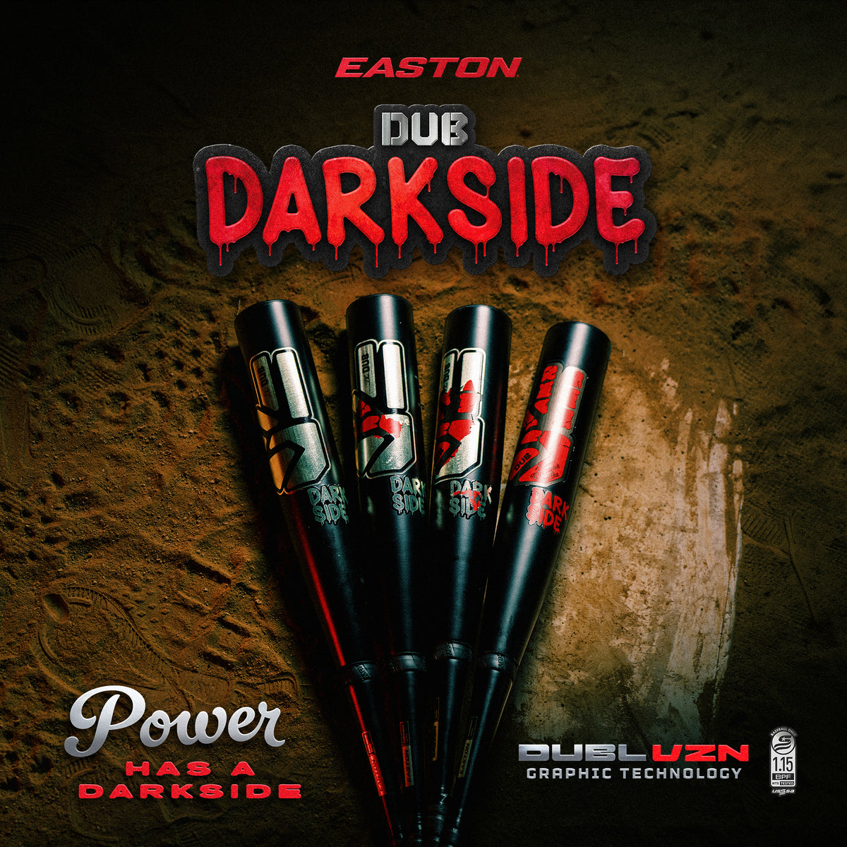 Four black baseball bats labeled “Dub Darkside” stand upright on a dirt field. The text reads: Easton Dub Darkside. Power has a dark side. Featuring Double Barrel Construction and the Opti-Flex Handle, the 2027 Easton Dub Darkside (-10) 2 3/4″ USSSA Baseball Bat (EUT7DBDS10) by Easton is engineered for exceptional performance, while DUBLUXN graphic technology perfects its striking appearance.
