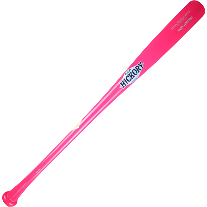 An Old Hickory J143M Steel Pressed Pink Maple Wood Bat (J143M-P) by Old Hickory, featuring blue and white branding near the barrel, is displayed against a plain white background.