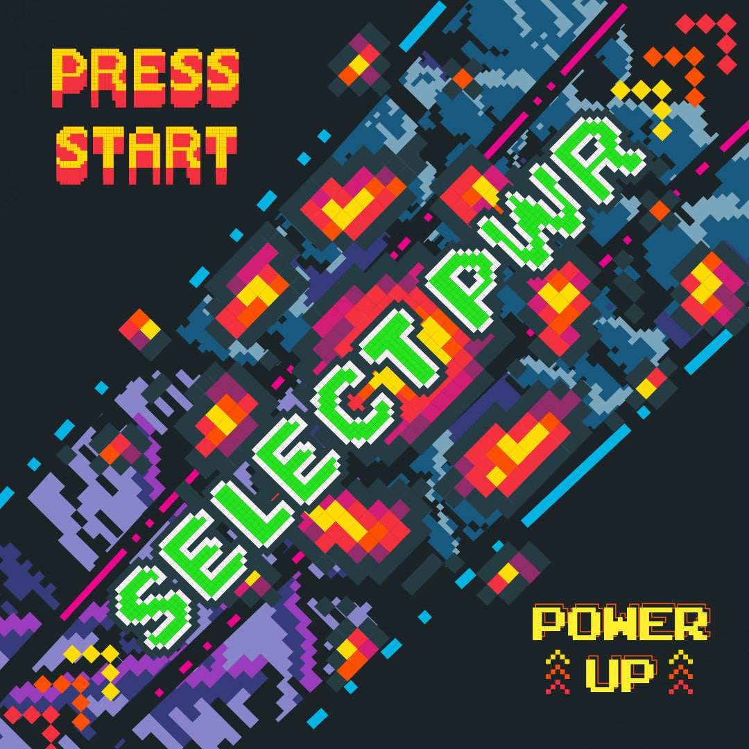 Pixel art graphic features “PRESS START,” “SELECT PWR,” and “POWER UP”—vivid, retro video game vibes capture the power of swinging the 2026 Louisville Slugger Select PWR Player 1 (-3) BBCOR Baseball Bat: WBL4182010.