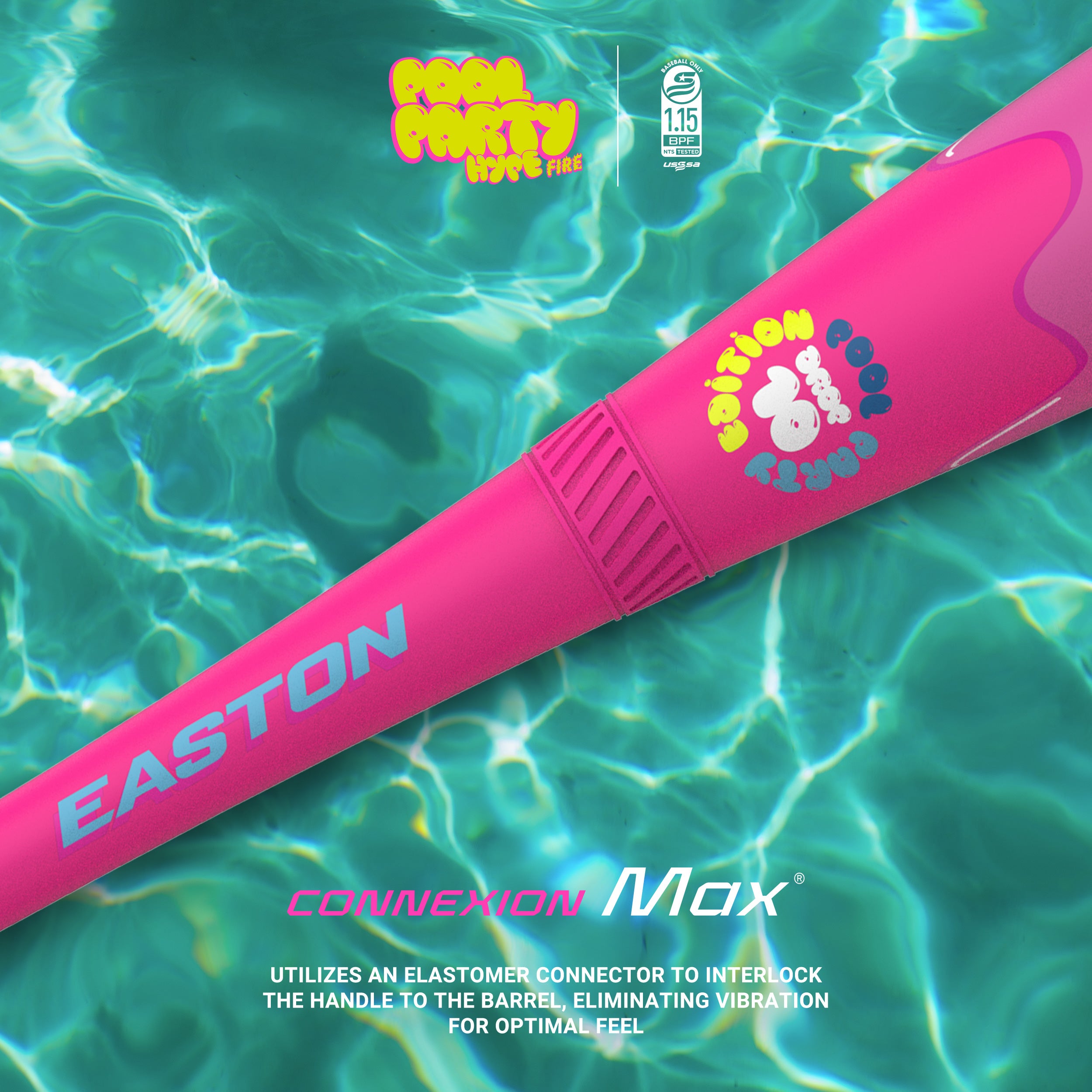 A bright pink EASTON baseball bat with colorful Real Party Love Fire graphics floats in clear turquoise pool water. Text highlights the bat’s Connexion Max technology to reduce vibration for optimal feel.