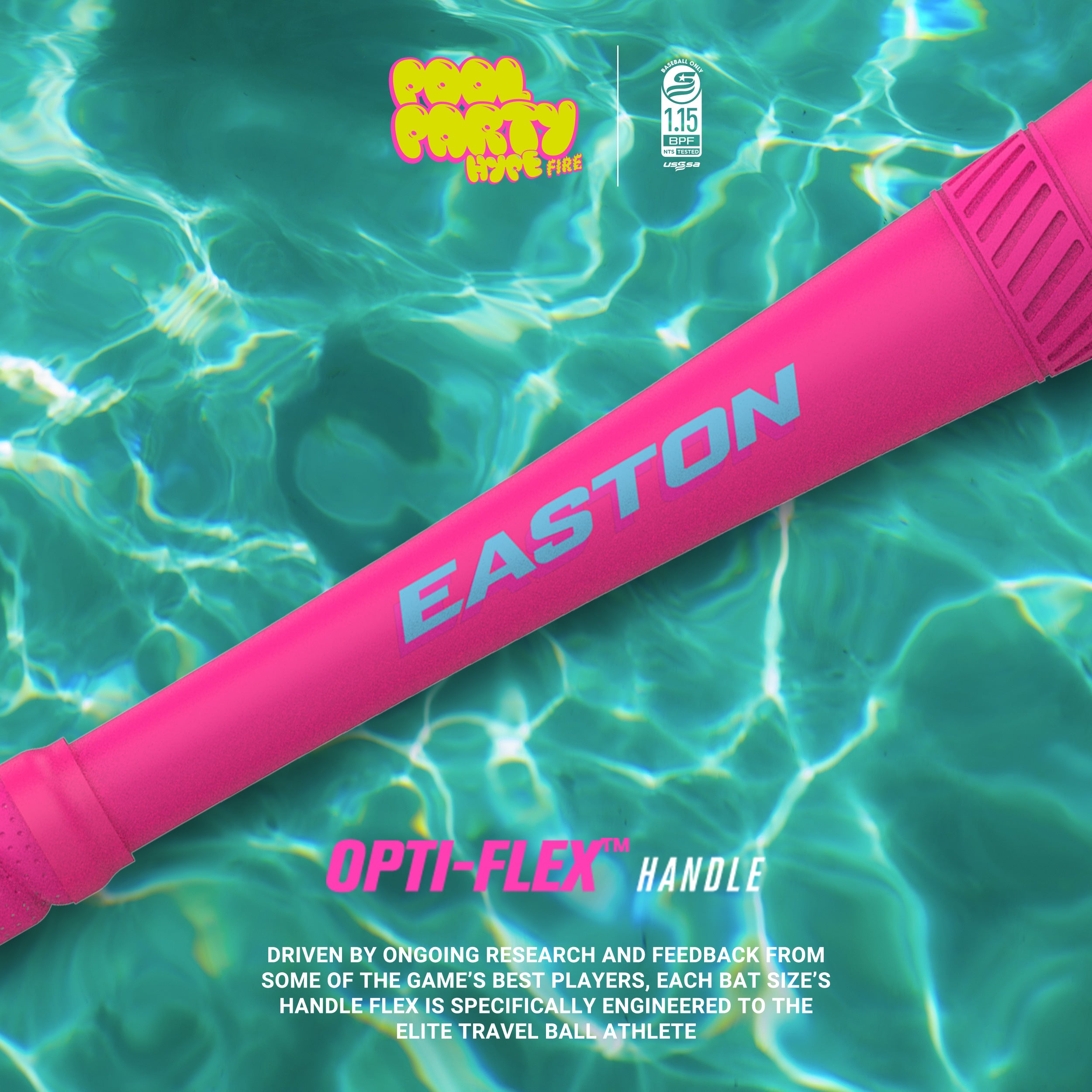A bright pink Easton baseball bat with blue lettering floats on the surface of a swimming pool. Text highlights its Opti-Flex handle and mentions research and feedback from top athletes.