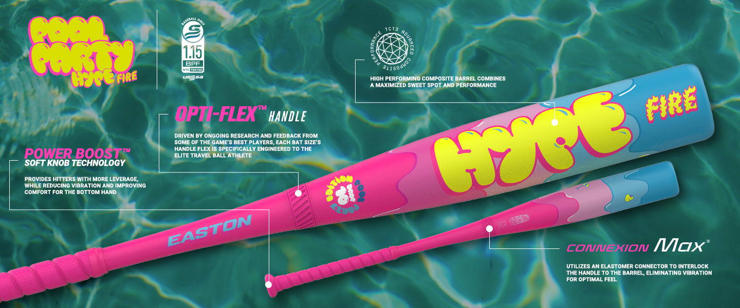 A baseball bat with a bright pink and blue design labeled Hype Fire and Pool Party. Features include Opti-Flex handle, Power Boost knob, and Connexion Max technology. Easton logo and specifications are also visible.