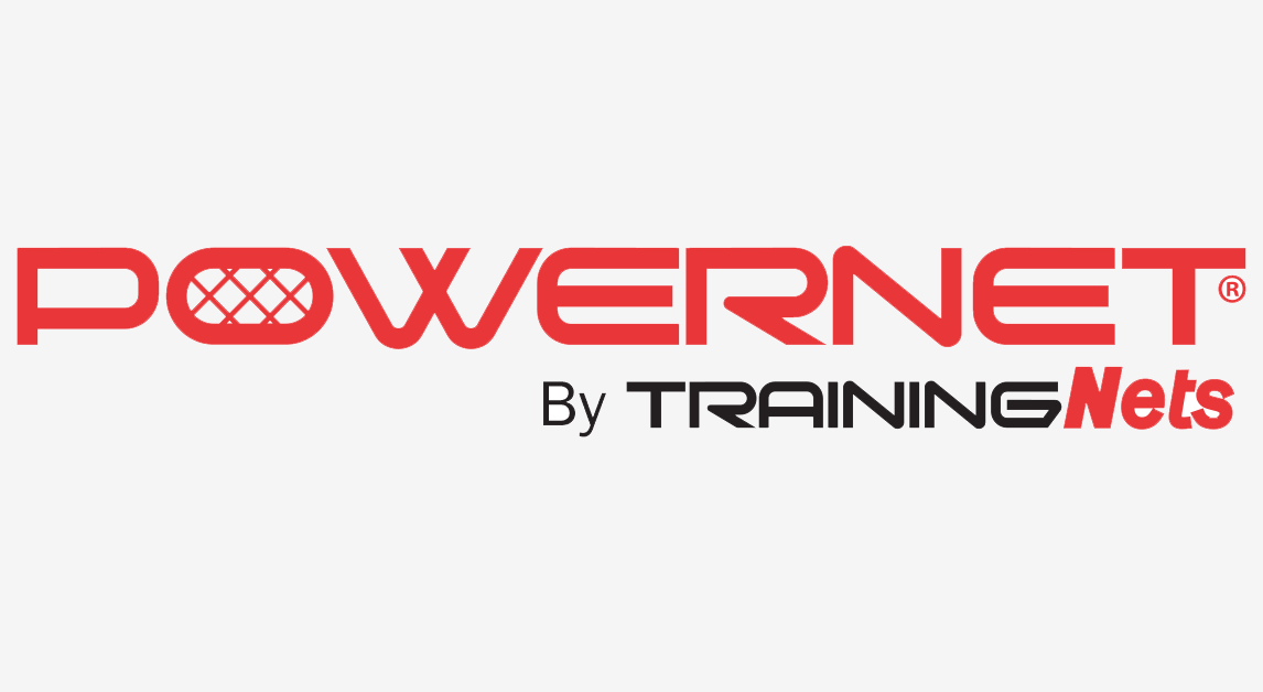The logo features the word POWERNET in bold red letters, with a net pattern inside the O. Below, it says By TRAINING Nets in black and red text on a white background.