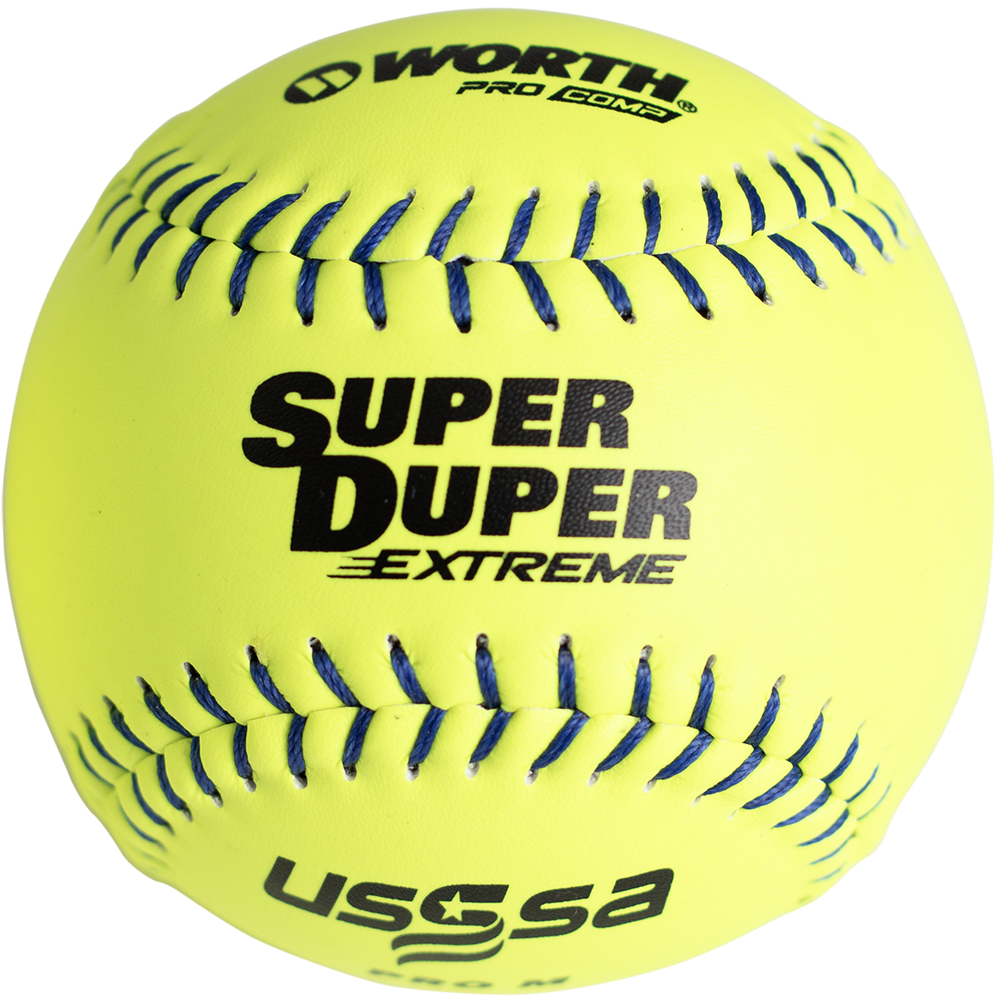 The Worth USSSA Super Duper Extreme Pro M 12" 44/375 Composite Slowpitch Softball (MLSDB12C) features a bright yellow cover, blue stitching, and black Worth branding—perfect for players seeking high-performance Worth USSSA softballs.