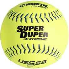 The Worth USSSA Super Duper Extreme Pro M 12" 44/375 Composite Slowpitch Softball (MLSDB12C) features a bright yellow cover, blue stitching, and black Worth branding—perfect for players seeking high-performance Worth USSSA softballs.