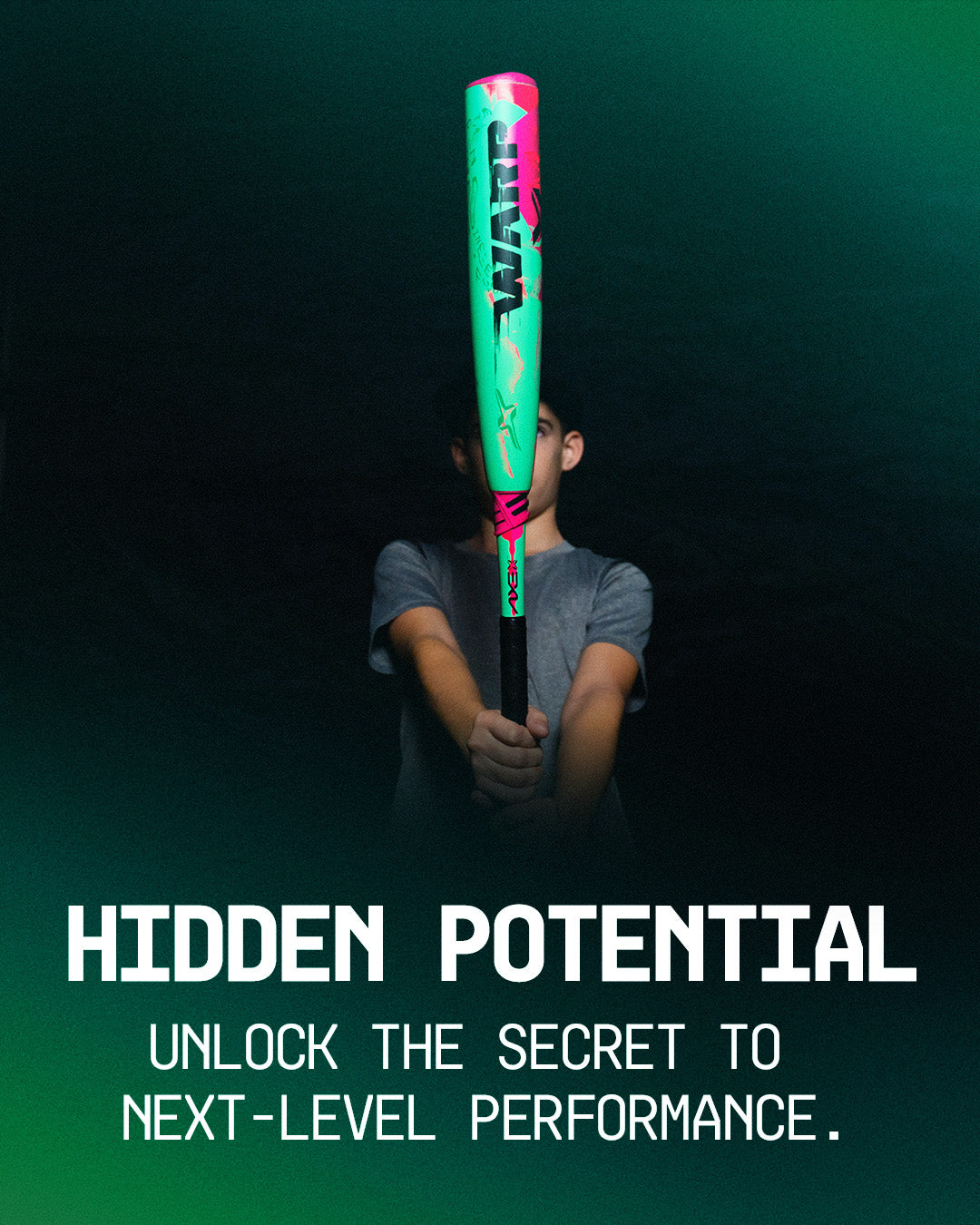 Someone holds the vibrant 2025 AXE Warp (-10) 2 3/4" USSSA Baseball Bat: L148P by AXE vertically in front of their face, with “HIDDEN POTENTIAL” and “Unlock the secret to next-level performance” over a dark green gradient background.