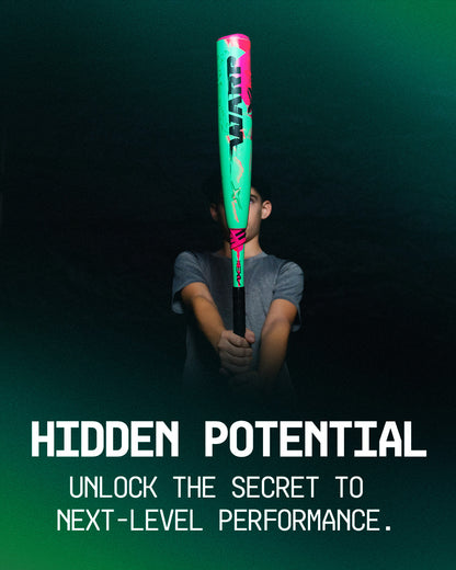 Someone holds the vibrant 2025 AXE Warp (-10) 2 3/4" USSSA Baseball Bat: L148P by AXE vertically in front of their face, with “HIDDEN POTENTIAL” and “Unlock the secret to next-level performance” over a dark green gradient background.
