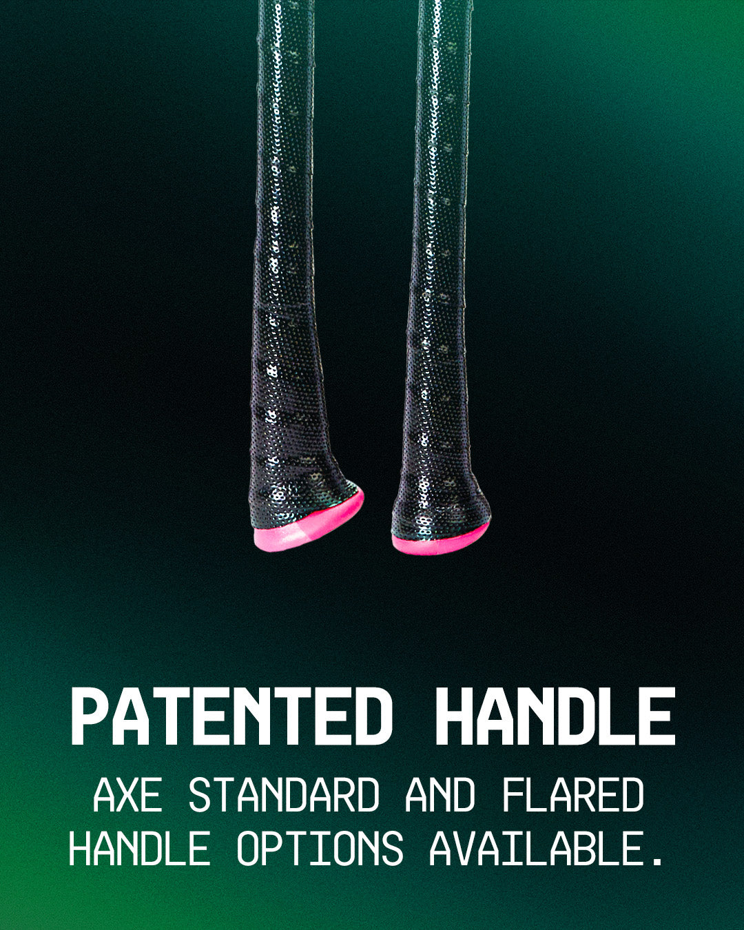 Close-up of two textured, black handles with pink ends against a green gradient. Text: Patented handle. Choose flared or standard options for your AXE 2025 Warp (-10) USSSA Baseball Bat: L148P.