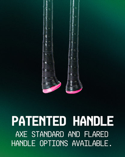 Close-up of two textured, black handles with pink ends against a green gradient. Text: Patented handle. Choose flared or standard options for your AXE 2025 Warp (-10) USSSA Baseball Bat: L148P.