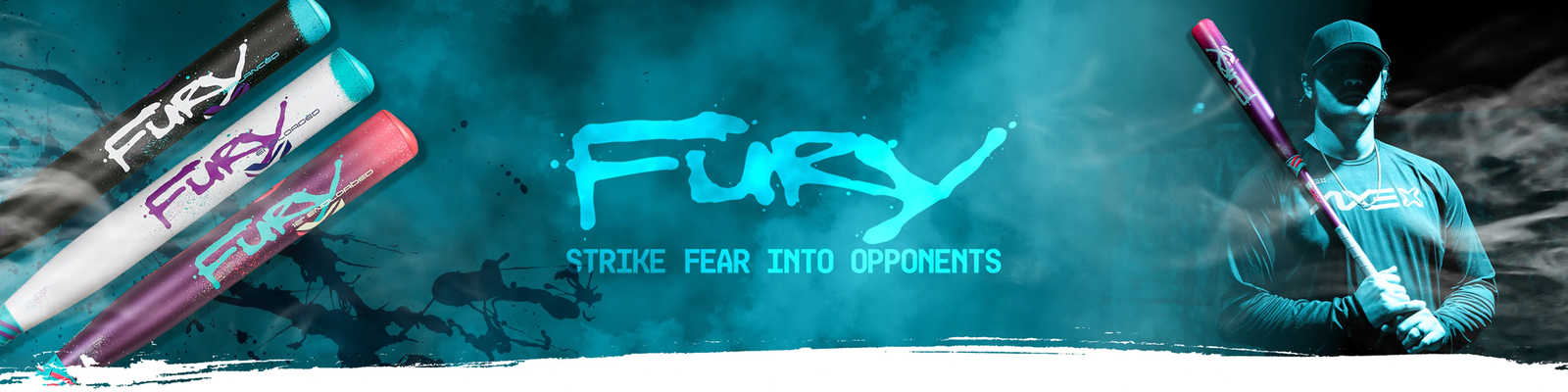 Three colorful baseball bats labeled FURY are shown on the left, with a masked person holding a pink bat on the right. The word FURY and the tagline Strike fear into opponents appear in the center on a blue smoky background.
