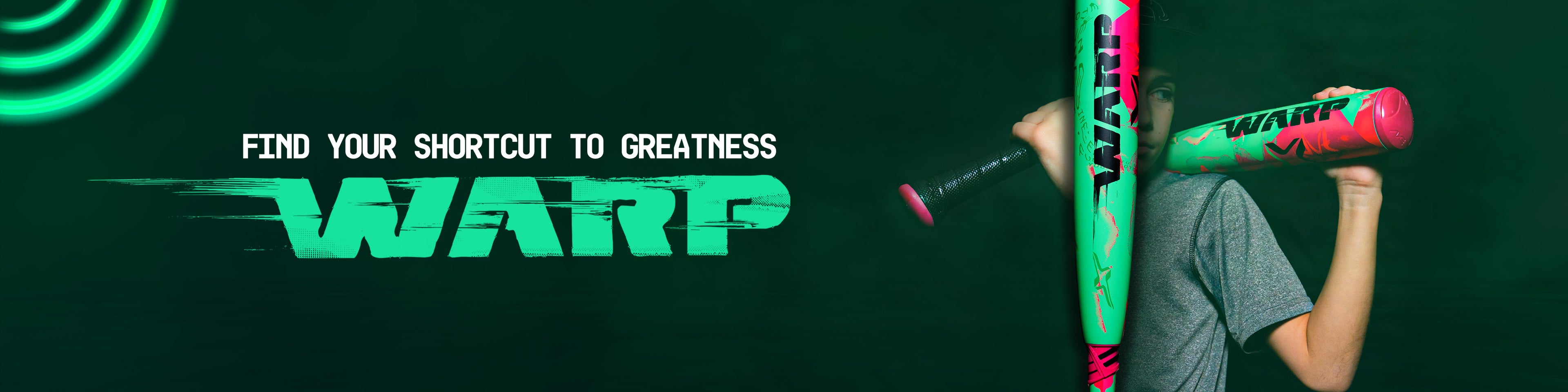 A person in a gray shirt holds a brightly colored neon green and pink WARP baseball bat against a dark green background, with the text “Find your shortcut to greatness WARP” displayed.