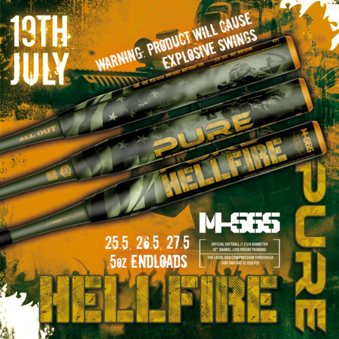Three black and yellow 2025 Pure Hellfire X22 13″ Endload USA Slowpitch Softball Bats by Pure Sports are displayed diagonally with promo text: Explosive Swings, 25.5/26.5/27.5 oz, July 13 release—elite ASA 2-piece composite lineup.