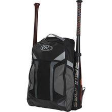 The Rawlings Youth Players Backpack: R200 is a black and gray backpack with mesh side pockets to hold two bats, a top handle, and a large front zippered compartment—perfect for young players' gear.