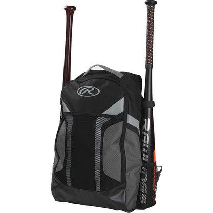 The Rawlings Youth Players Backpack: R200 is a black and gray backpack with mesh side pockets to hold two bats, a top handle, and a large front zippered compartment—perfect for young players' gear.