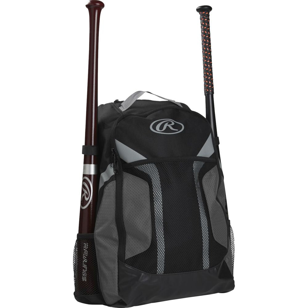 The Rawlings Youth Players Backpack: R200 is a black and gray youth baseball bag with mesh pockets, a large front zippered compartment, top handle, and holders on each side for two bats—ideal for young players.