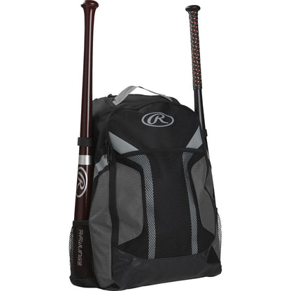 The Rawlings Youth Players Backpack: R200 is a black and gray youth baseball bag with mesh pockets, a large front zippered compartment, top handle, and holders on each side for two bats—ideal for young players.