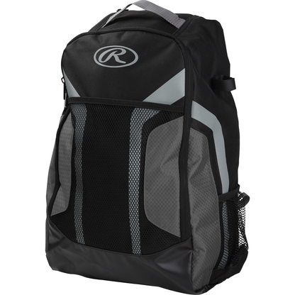 The Rawlings Youth Players Backpack: R200 is a black and gray youth baseball bag with a front mesh pocket, side water bottle holder, top carrying handle, and a stylized R logo—ideal for young players on the move.