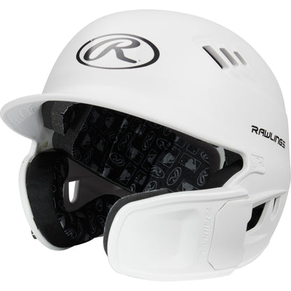 The Rawlings R16 Matte Batting Helmet with Universal Jaw Guard (R6R07) features a white finish, ventilation holes, Rawlings logos on the front and side, and black interior padding with a repeating Rawlings logo pattern.