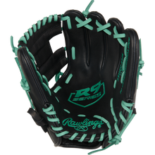 The Rawlings R9 11" ContoUR Baseball Glove (R9110U-2BM) is a black youth infield glove with teal laces and stitching, RS Series and Rawlings logos on the palm—stylish and ideal for young players.