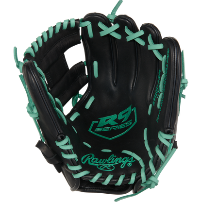The Rawlings R9 11" ContoUR Baseball Glove (R9110U-2BM) is a black youth infield glove with teal laces and stitching, RS Series and Rawlings logos on the palm—stylish and ideal for young players.