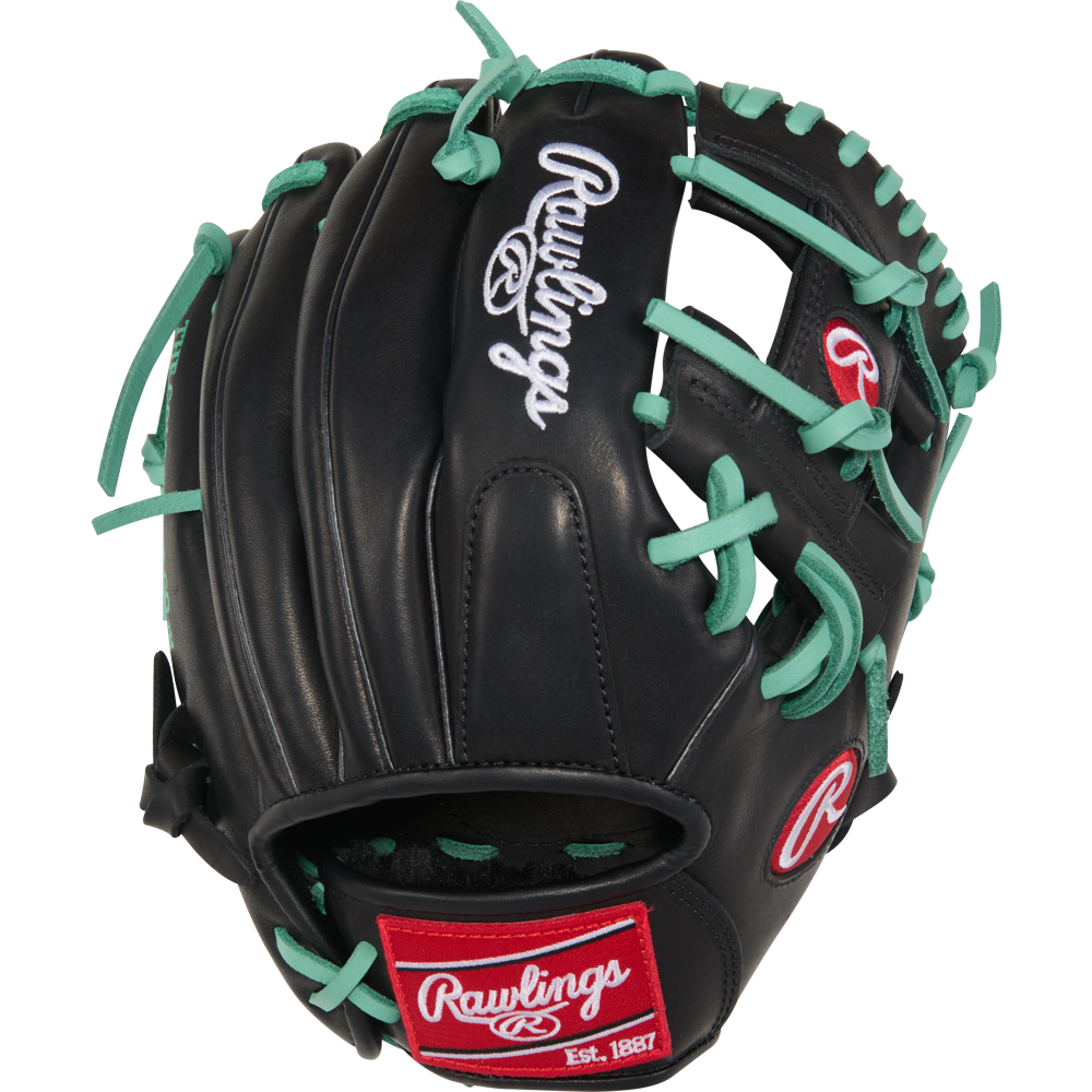The Rawlings R9 11" ContoUR Baseball Glove (R9110U-2BM) is a black youth infield glove with teal laces, white embroidered logo, and a red Est. 1887 wrist patch, offering top style and performance for young players.