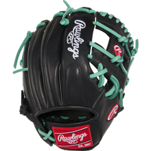 The Rawlings R9 11" ContoUR Baseball Glove (R9110U-2BM) is a black youth infield glove with teal laces, white embroidered logo, and a red Est. 1887 wrist patch, offering top style and performance for young players.
