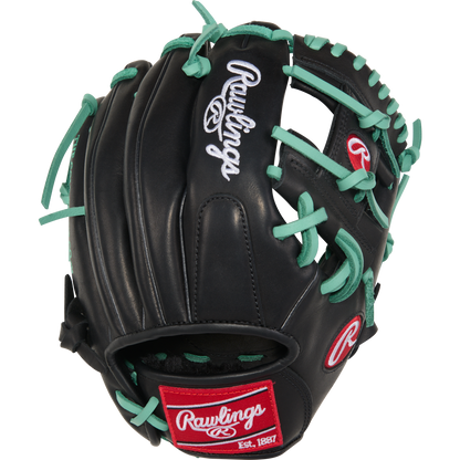 The Rawlings R9 11" ContoUR Baseball Glove (R9110U-2BM) is a black youth infield glove with teal laces, white embroidered logo, and a red Est. 1887 wrist patch, offering top style and performance for young players.