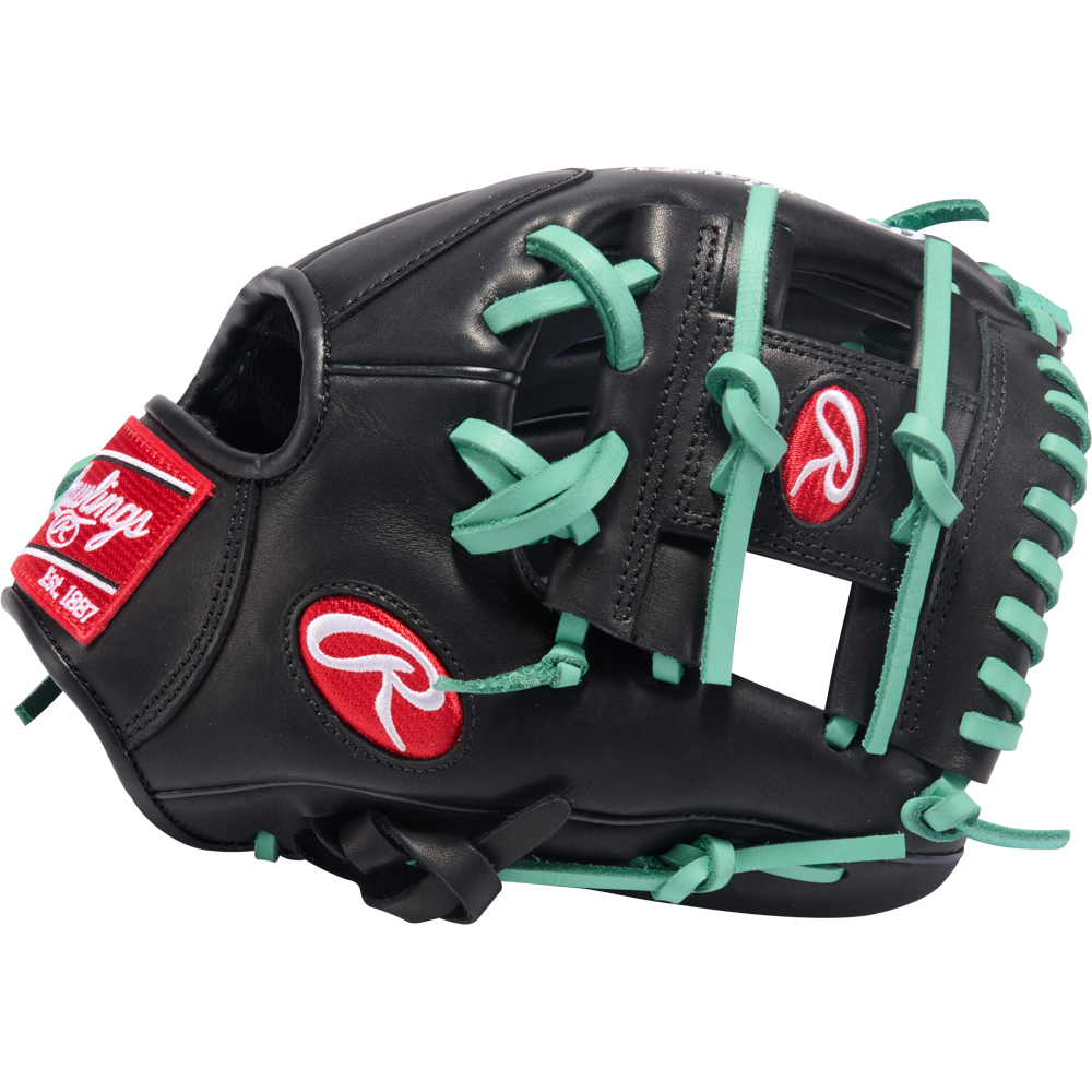 The Rawlings R9 11" ContoUR Baseball Glove (R9110U-2BM) is a black youth infield glove with teal laces, red Rawlings logos, and an open web, shown on a white background.