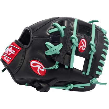 The Rawlings R9 11" ContoUR Baseball Glove (R9110U-2BM) is a black youth infield glove with teal laces, red Rawlings logos, and an open web, shown on a white background.
