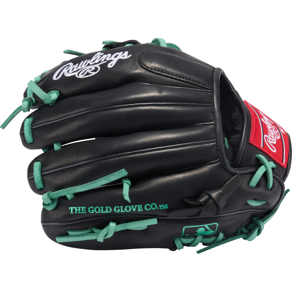 The Rawlings R9 11" ContoUR Baseball Glove (R9110U-2BM) features a black design with green laces, white “Rawlings” and “THE GOLD GLOVE CO.” text, and a red patch. Ideal for youth infielders seeking top performance and style.