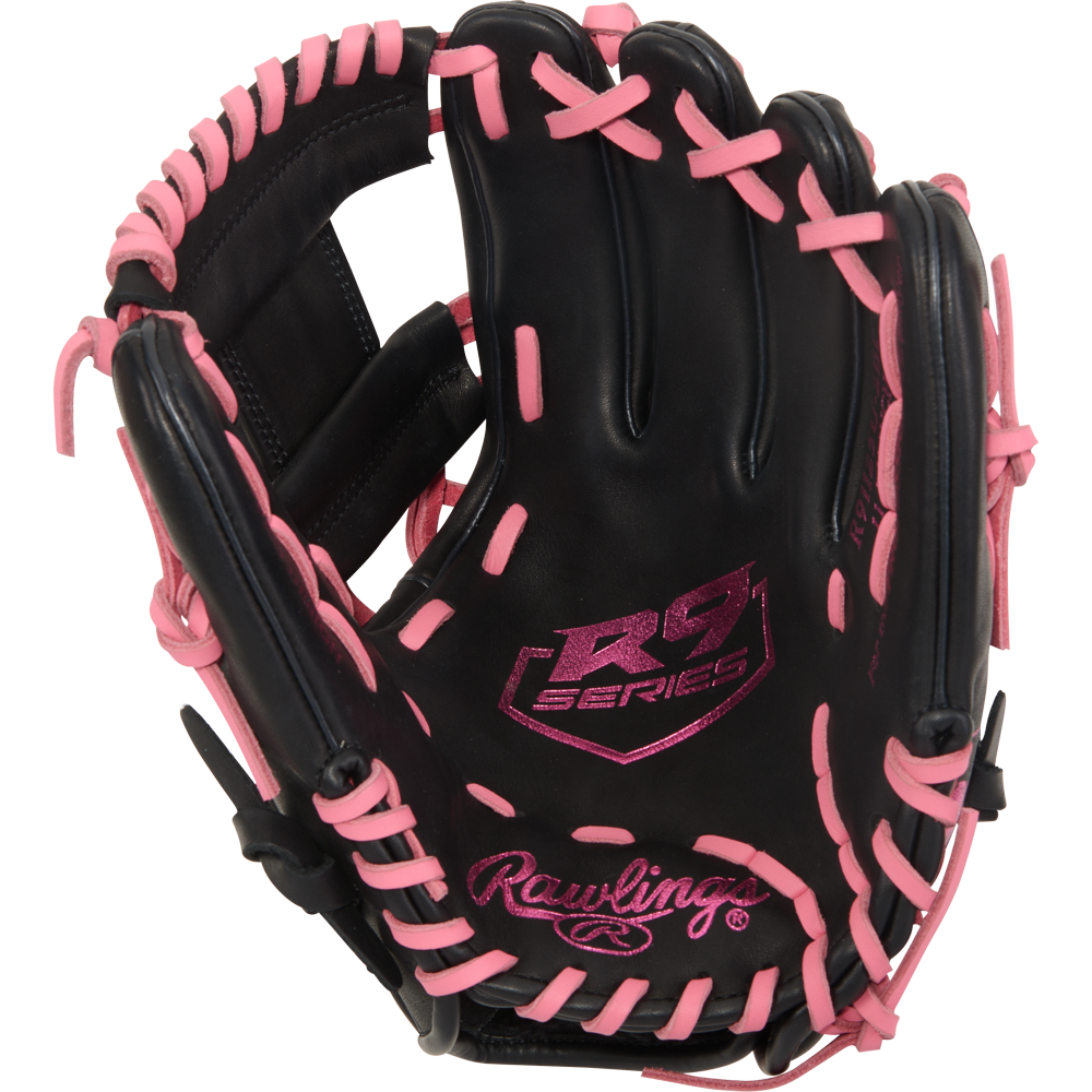 The Rawlings R9 11.25" ContoUR youth baseball glove (R91125U-2BP) is black with pink laces and stitching, features "11.25-inch infield glove" on the palm, and has the Rawlings logo near the wrist.