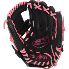 The Rawlings R9 11.25" ContoUR youth baseball glove (R91125U-2BP) is black with pink laces and stitching, features "11.25-inch infield glove" on the palm, and has the Rawlings logo near the wrist.