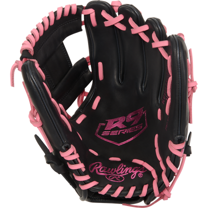 The Rawlings R9 11.25" ContoUR youth baseball glove (R91125U-2BP) is black with pink laces and stitching, features "11.25-inch infield glove" on the palm, and has the Rawlings logo near the wrist.
