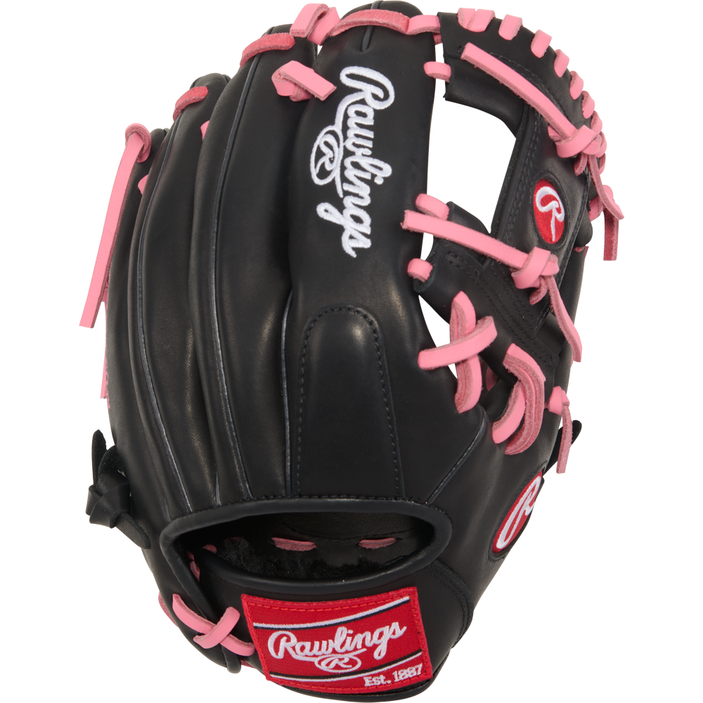 The Rawlings R9 11.25" ContoUR Baseball Glove (R91125U-2BP) is a black youth infield glove with pink laces, white logo details, and a red "Rawlings Est. 1887" patch—blending style and performance for young players.