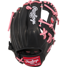 The Rawlings R9 11.25" ContoUR Baseball Glove (R91125U-2BP) is a black youth infield glove with pink laces, white logo details, and a red "Rawlings Est. 1887" patch—blending style and performance for young players.