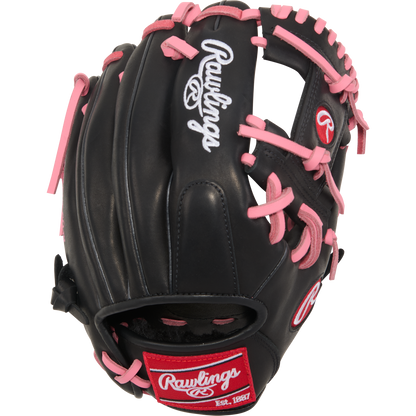 The Rawlings R9 11.25" ContoUR Baseball Glove (R91125U-2BP) is a black youth infield glove with pink laces, white logo details, and a red "Rawlings Est. 1887" patch—blending style and performance for young players.