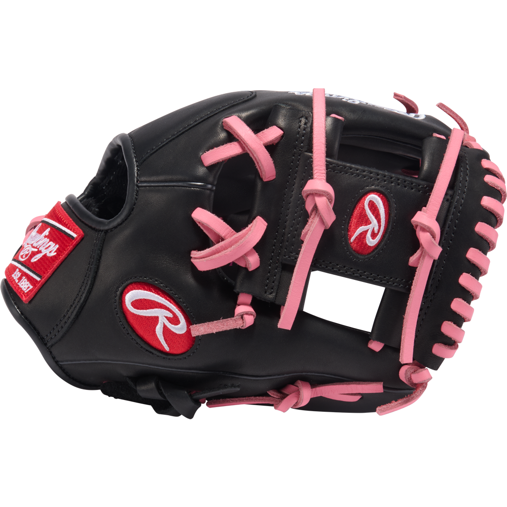 The Rawlings R9 11.25" ContoUR Baseball Glove (R91125U-2BP) is a black youth infield glove with pink laces and accents, plus red and white Rawlings logos on the wrist and thumb—ideal for young baseball players.