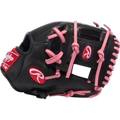 The Rawlings R9 11.25" ContoUR Baseball Glove (R91125U-2BP) is a black youth infield glove with pink laces and accents, plus red and white Rawlings logos on the wrist and thumb—ideal for young baseball players.