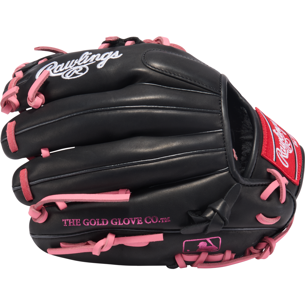 The Rawlings R9 11.25" ContoUR youth baseball glove (R91125U-2BP) features a black design with pink laces, pink Gold Glove Co. and MLB logos, white Rawlings branding on top, and is made for infield play.