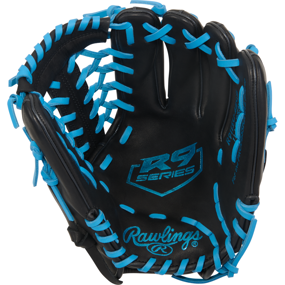 The Rawlings R9 11.5" ContoUR Baseball Glove (R9115U-4BCB) features black leather, bright blue laces, the R9 Series logo on the palm, Rawlings branding by the wrist, and is shown open against a white background.