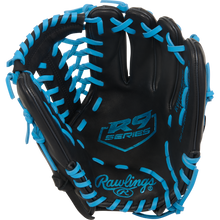 The Rawlings R9 11.5" ContoUR Baseball Glove (R9115U-4BCB) features black leather, bright blue laces, the R9 Series logo on the palm, Rawlings branding by the wrist, and is shown open against a white background.