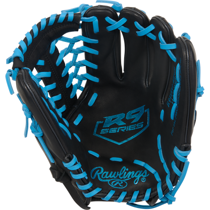 The Rawlings R9 11.5" ContoUR Baseball Glove (R9115U-4BCB) features black leather, bright blue laces, the R9 Series logo on the palm, Rawlings branding by the wrist, and is shown open against a white background.