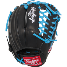 The Rawlings R9 11.5" ContoUR Baseball Glove (R9115U-4BCB) features black all-leather, bright blue laces, red accents, and a white Rawlings logo—perfect as a youth infield glove.