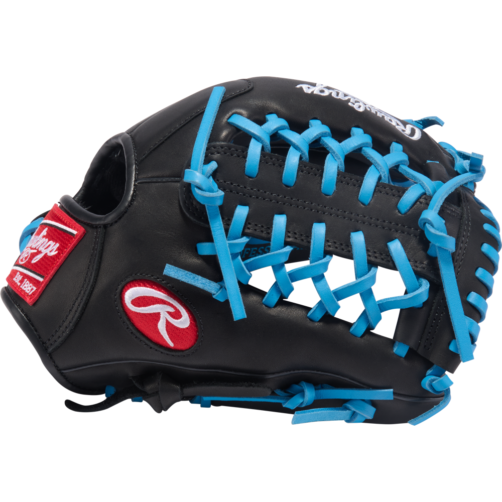 The Rawlings R9 11.5" ContoUR Baseball Glove (R9115U-4BCB) is a black all-leather youth infield glove with bright blue laces and red Rawlings logos on the side and wrist.