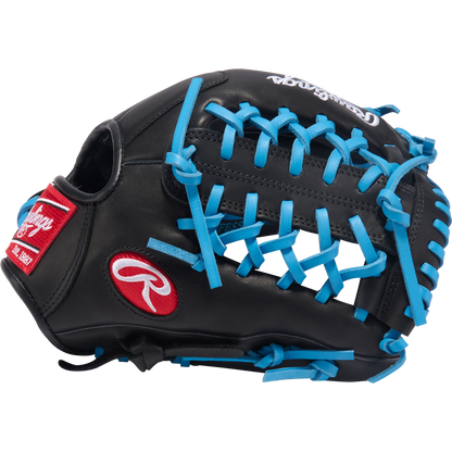 The Rawlings R9 11.5" ContoUR Baseball Glove (R9115U-4BCB) is a black all-leather youth infield glove with bright blue laces and red Rawlings logos on the side and wrist.